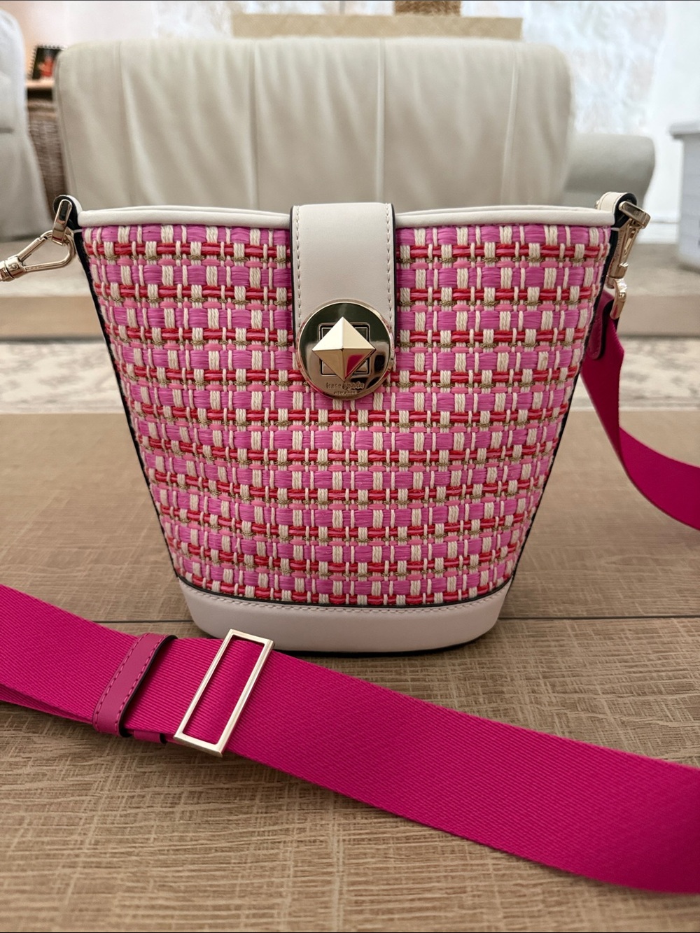 kate spade Pink and White Woven Bucket Crossbody
